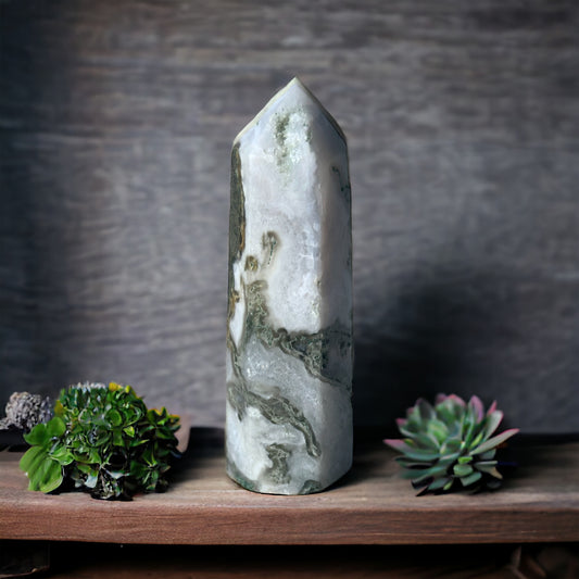 Moss Agate Crystal Tower