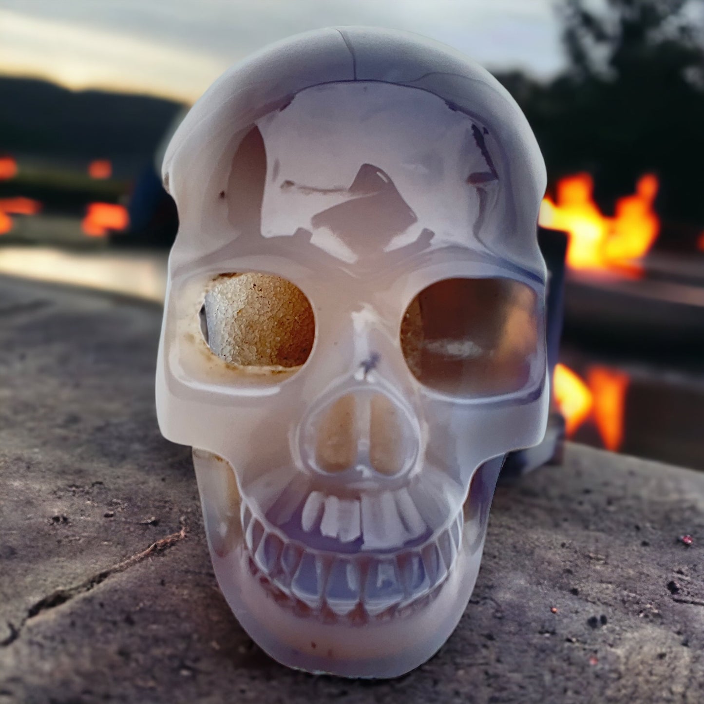 Water Agate Skull Carving with Beautiful Druzy Cavern 5"