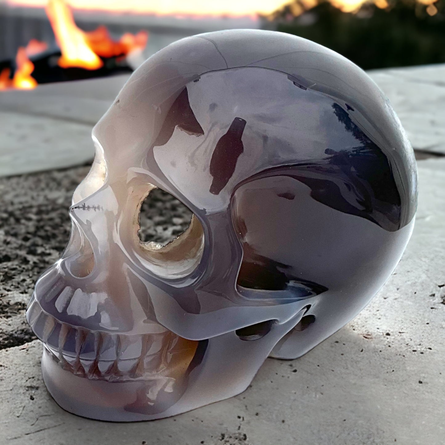 Water Agate Skull Carving with Beautiful Druzy Cavern 5"