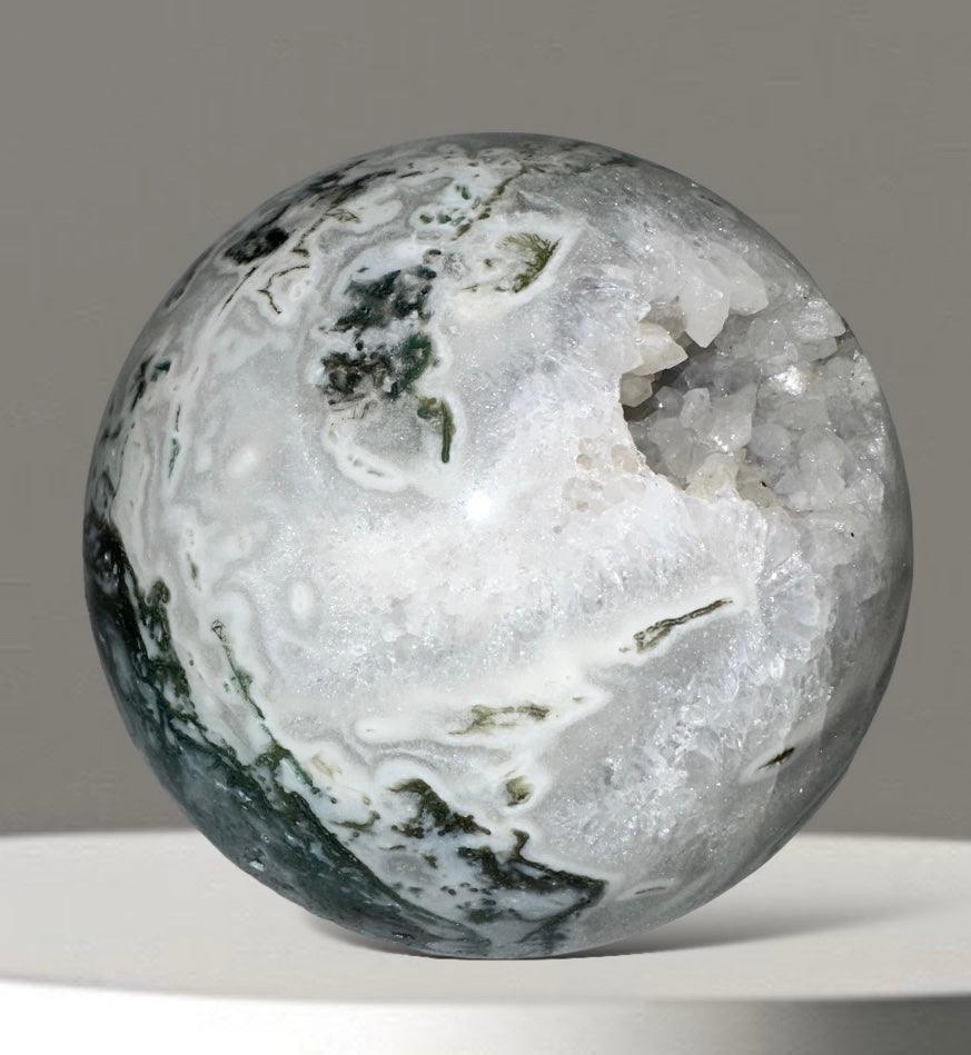 Tree Agate Geode Sphere with Wooden Stand